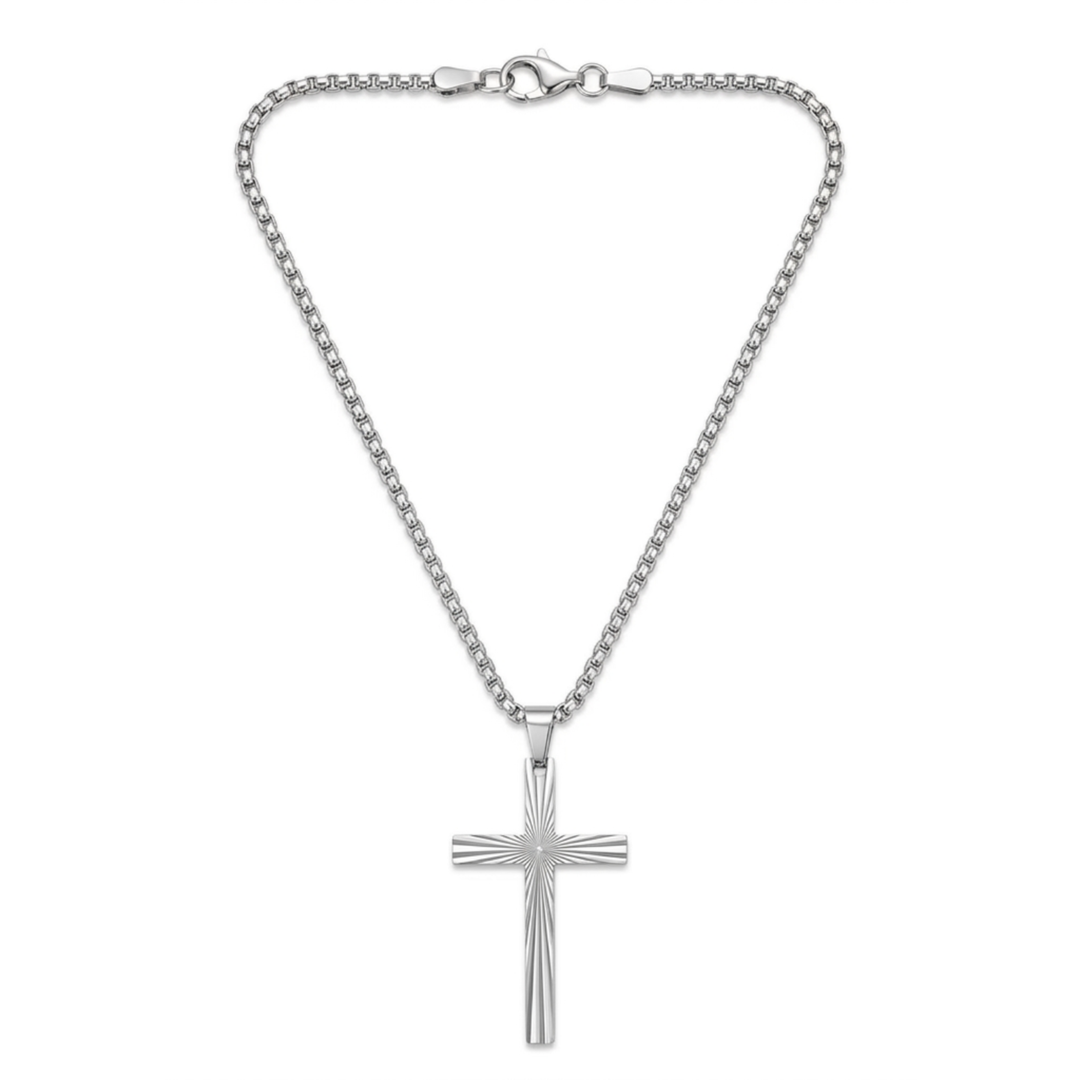 Herren Kreuz Halskette mit Strahlen-Anhänger aus 316L Edelstahl Silber Produktfoto