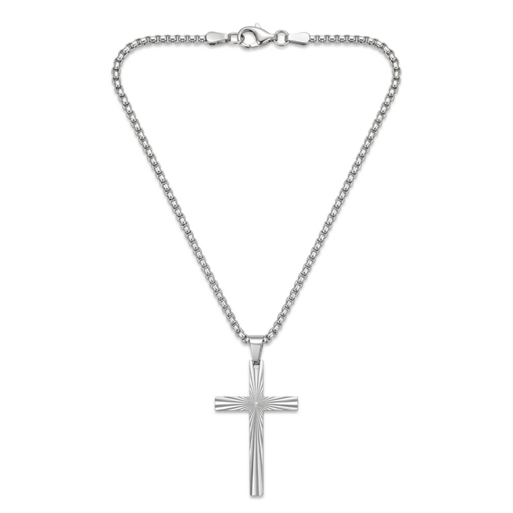 Herren Kreuz Halskette mit Strahlen-Anhänger aus 316L Edelstahl Silber Produktfoto