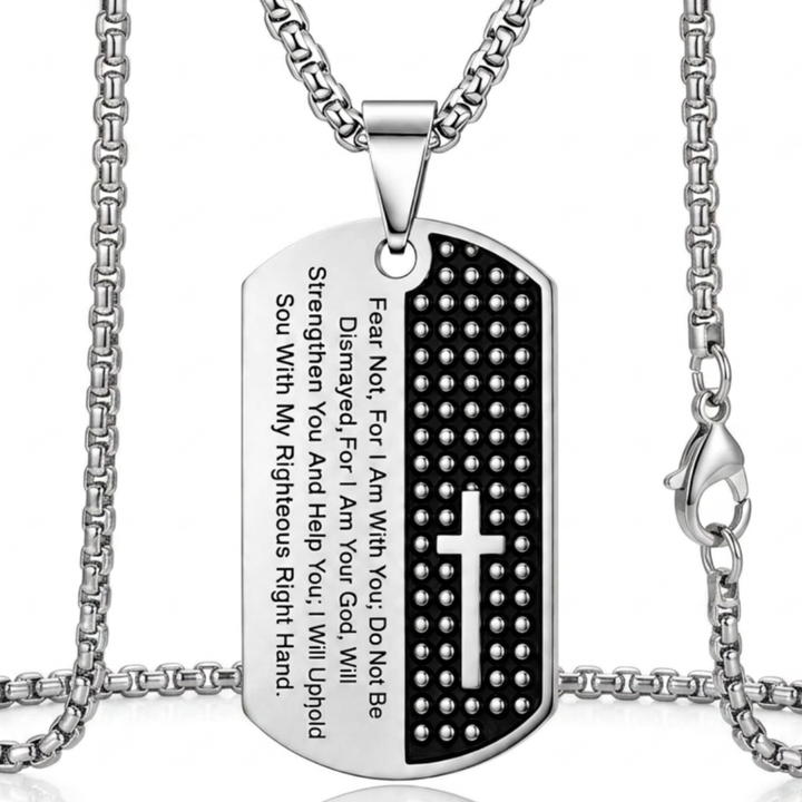 Herren Dog Tag Kreuz Halskette Detailansicht Bibelvers Gravur und Kreuz