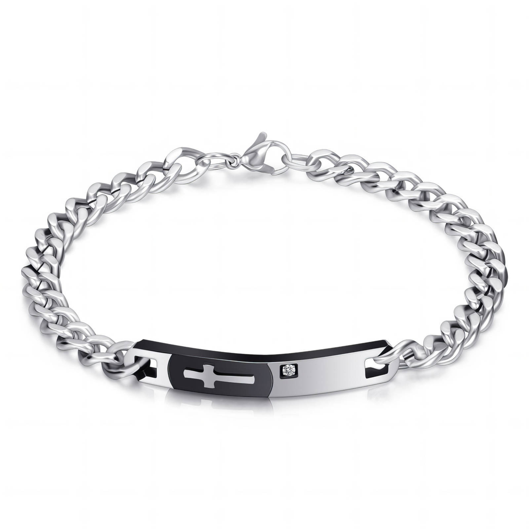 Cross ID Armband 316L Edelstahl mit schwarzem Kreuz-Plate und Zirkonia von ETERNAL – Freisteller