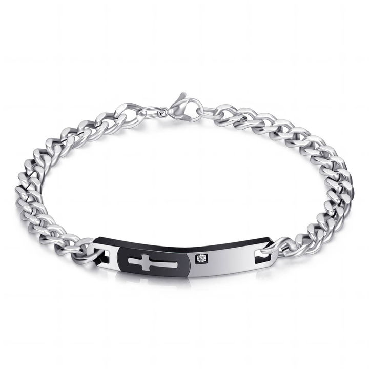 Cross ID Armband 316L Edelstahl mit schwarzem Kreuz-Plate und Zirkonia von ETERNAL – Freisteller