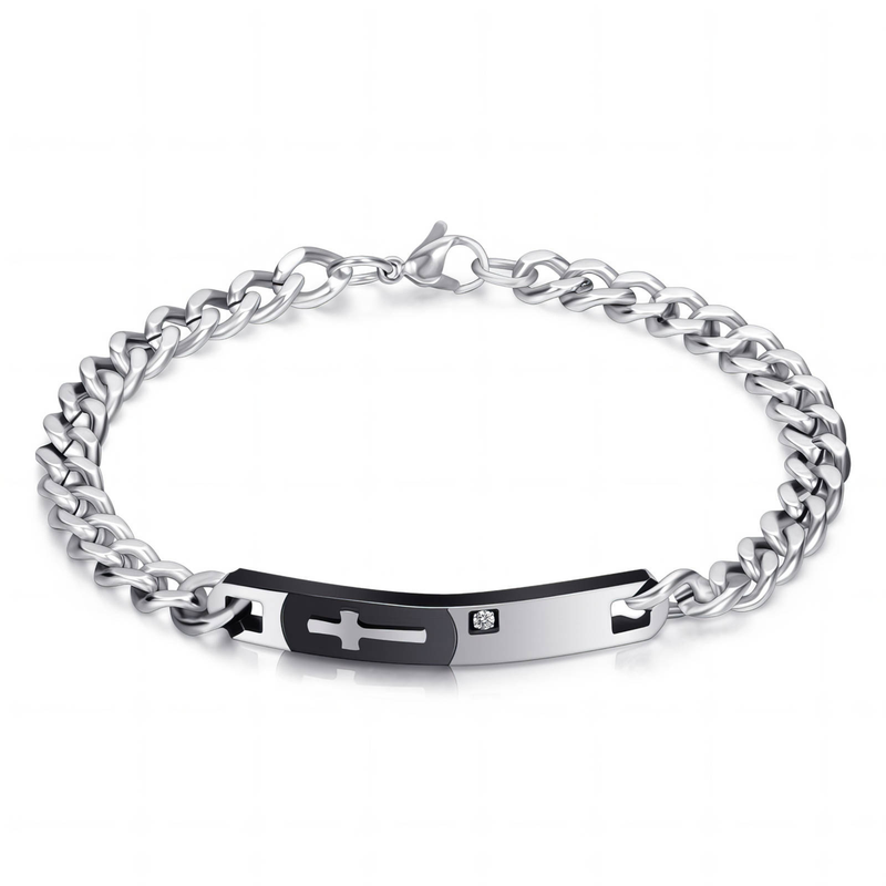 Cross ID Armband 316L Edelstahl mit schwarzem Kreuz-Plate und Zirkonia von ETERNAL – Freisteller