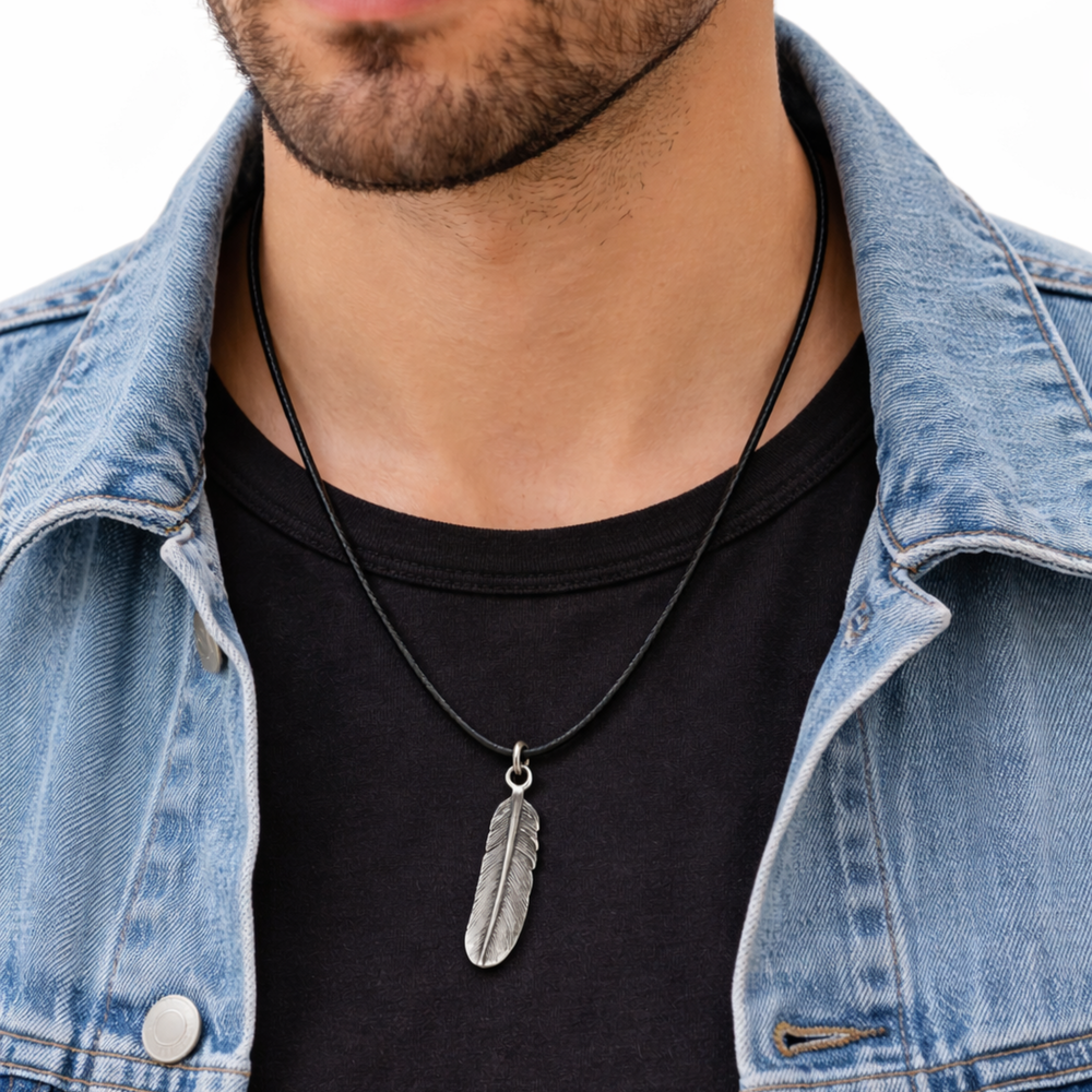 Herren Halskette mit Feder Anhänger aus 925 Sterlingsilber und Lederband