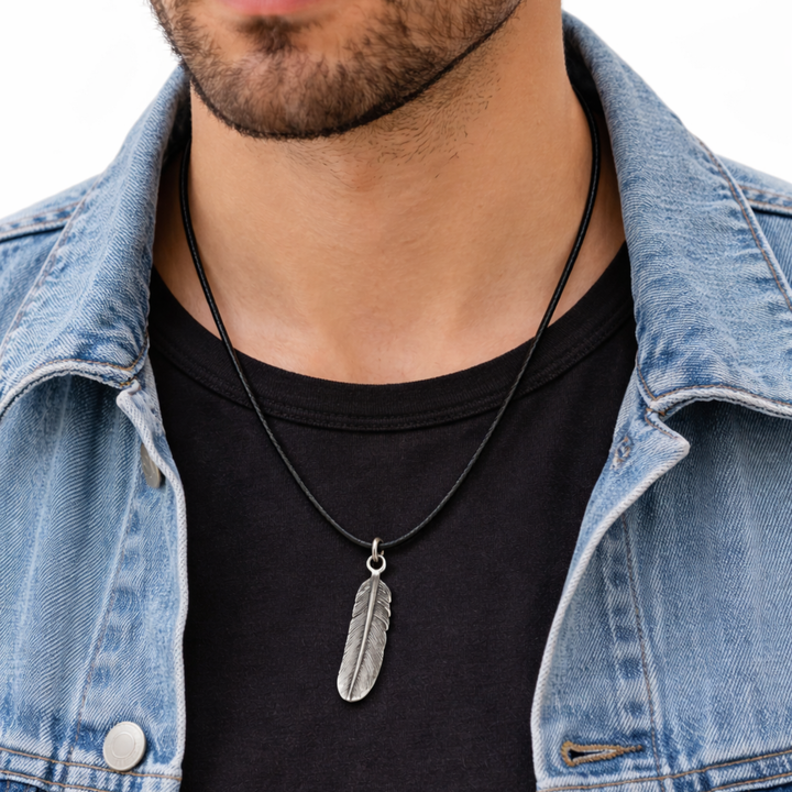 Herren Halskette mit Feder Anhänger aus 925 Sterlingsilber und Lederband