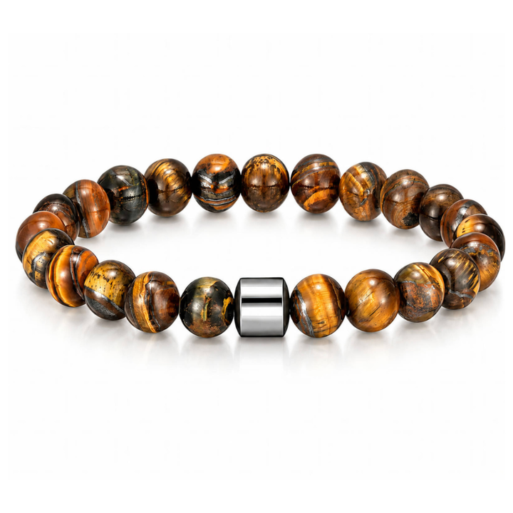 Herren Tigerauge Naturstein Perlenarmband braun gold mit silbernem Edelstahl-Element