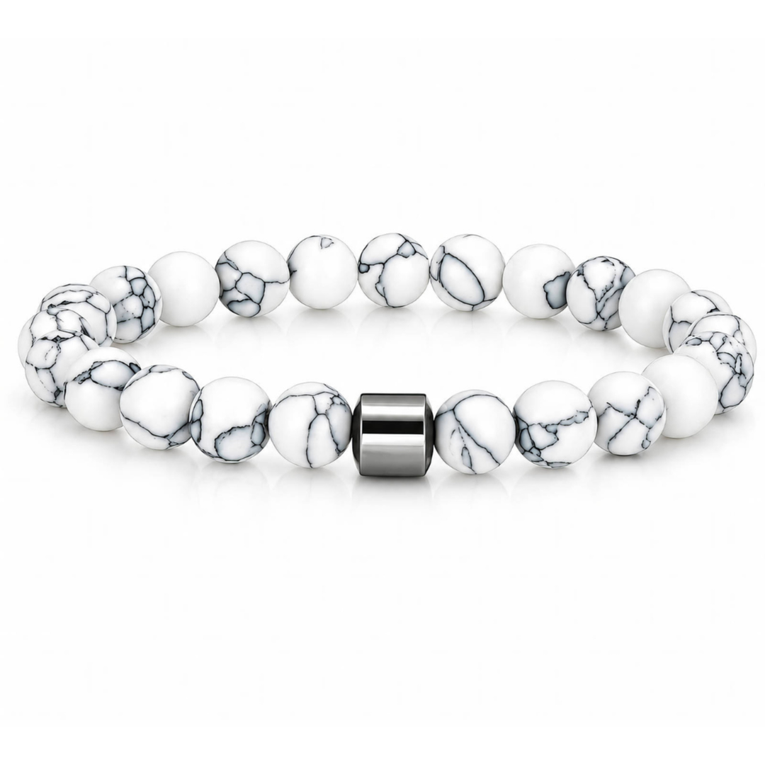 Herren Howlith Naturstein Perlenarmband weiß grau marmoriert mit silbernem Edelstahl-Element