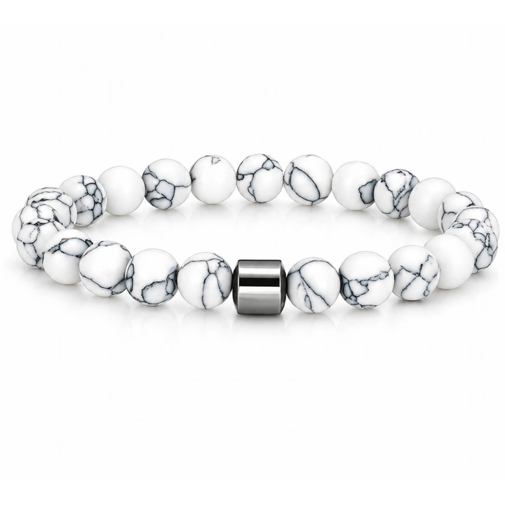 Herren Howlith Naturstein Perlenarmband weiß grau marmoriert mit silbernem Edelstahl-Element