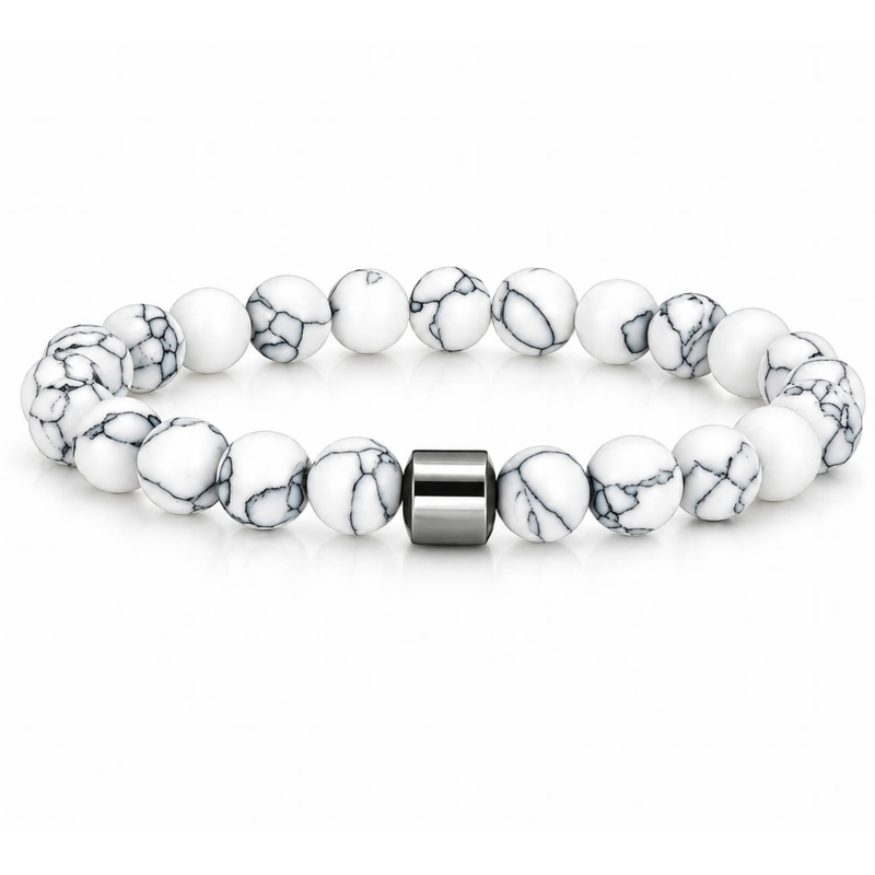 Herren Howlith Naturstein Perlenarmband weiß grau marmoriert mit silbernem Edelstahl-Element
