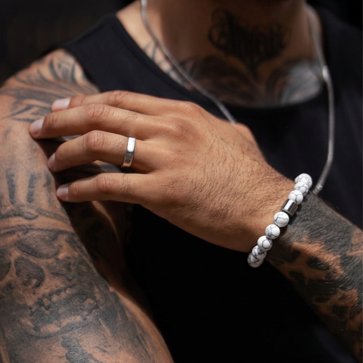 Herren Howlith Naturstein Perlenarmband weiß grau marmoriert 