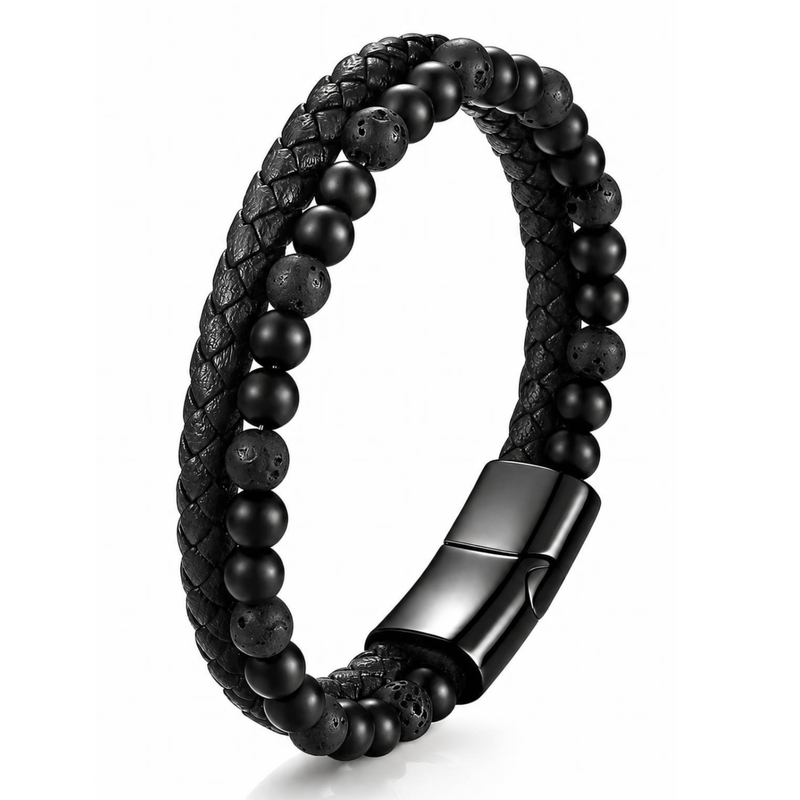 Leder & Naturstein Perlenarmband – Onyx Herren Schwarz