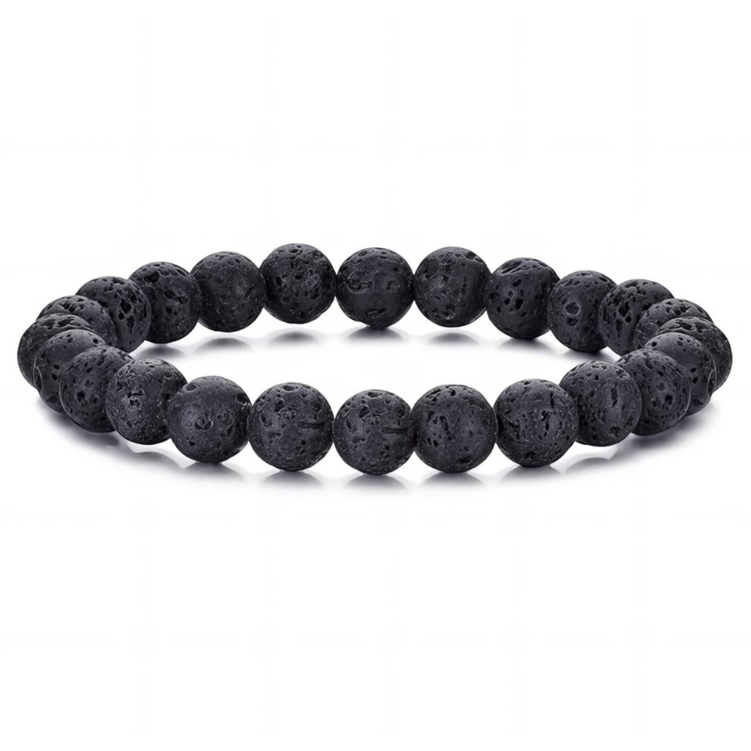 Herren Lavastein Perlenarmband pur schwarz ohne Metallelement